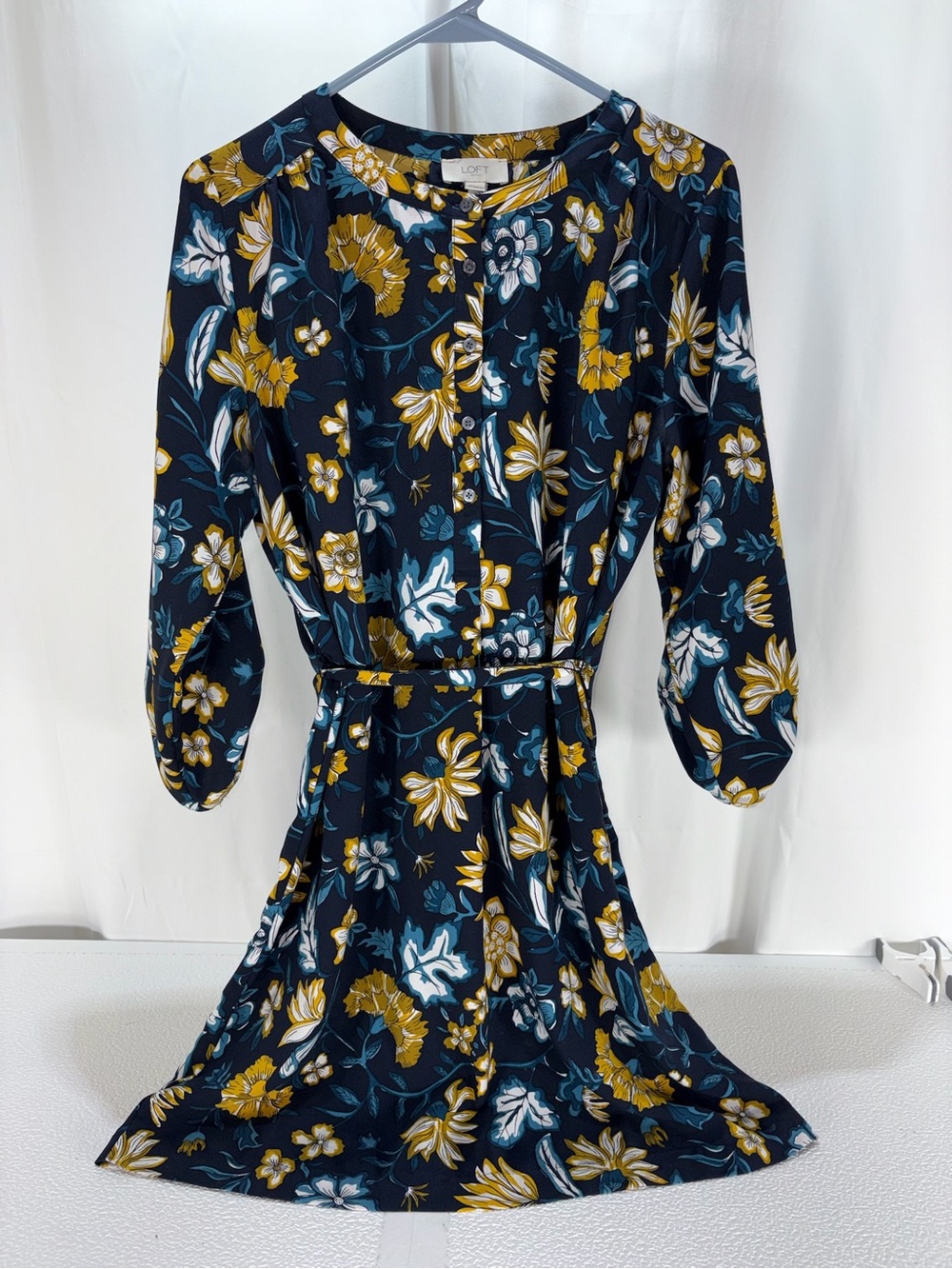 LOFT Navy Floral Belted Dress with Mustard Accents 5231